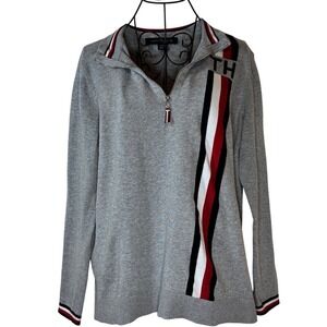 Tommy Hilfiger Women Gray Quarter Zip Pullover Sweater TH Stripe Logo Size L